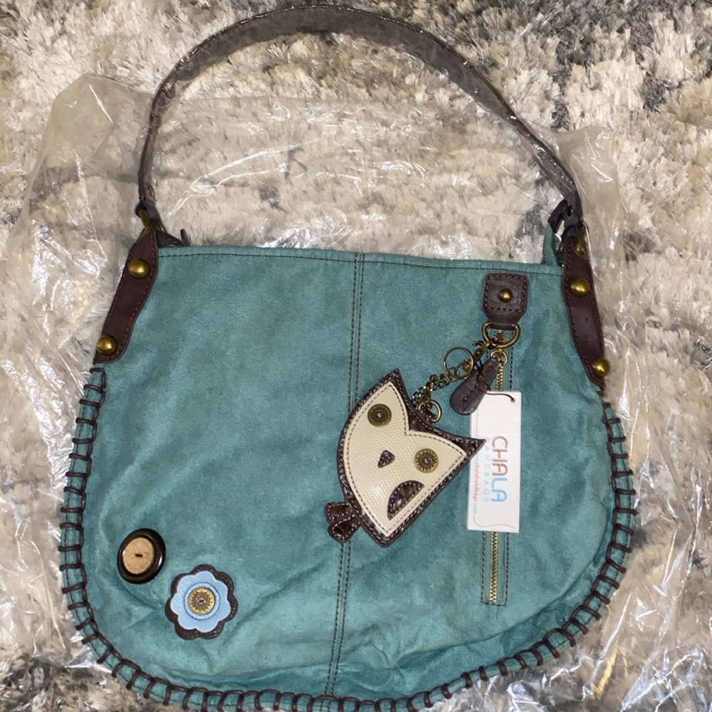 Chala Handbag Owl Charm Design Teal Vegan Leather Suede Shoulder Bag NWOT